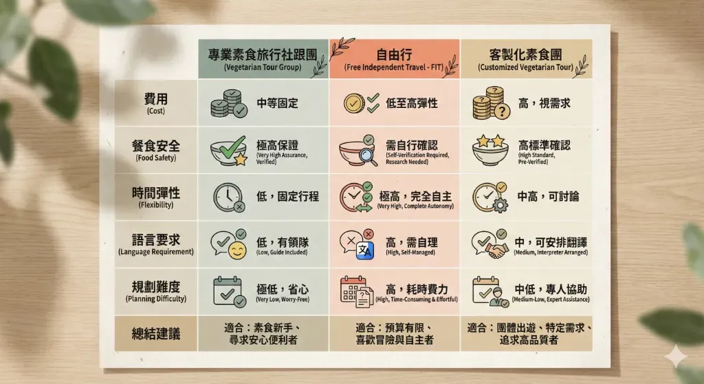 素食旅行社要怎麼選？2026 素食旅行社完整比較指南：跟團 vs 自由行全攻略