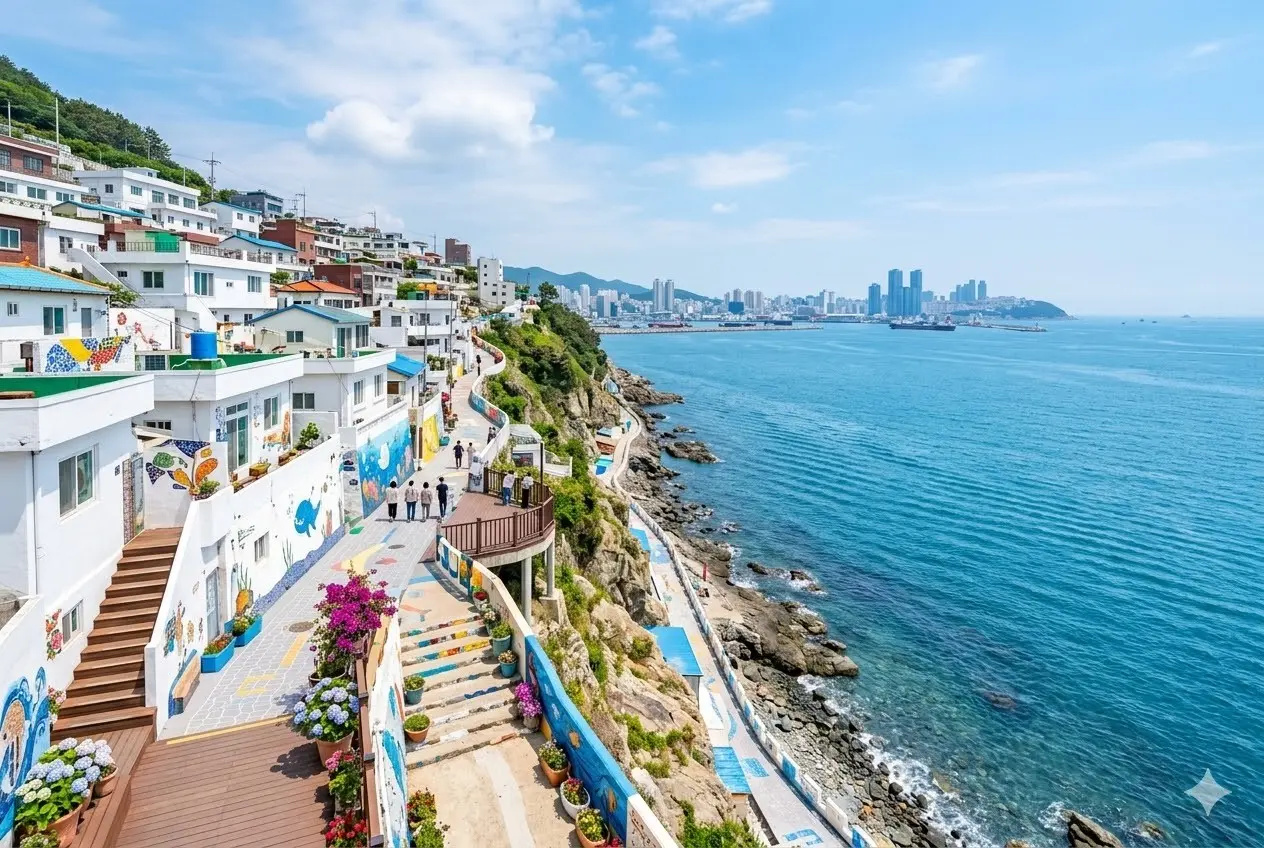 依山傍海的白色村落，純白牆面與湛藍大海交織。漫步蜿蜒小徑，隨處皆是如電影般療癒的異國風情，盡顯釜山聖托里尼之美。